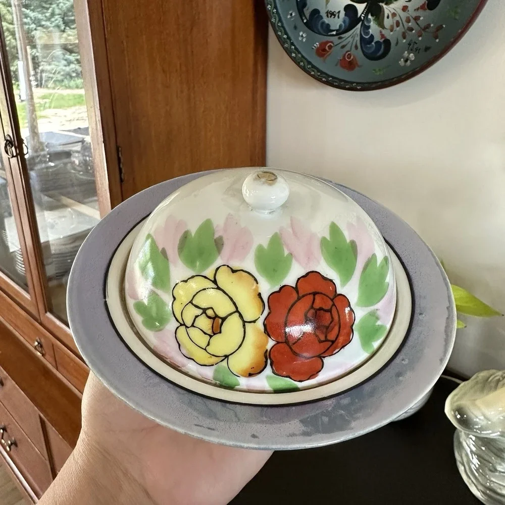 VTG Hand Painted Porcelain Floral Butter Cheese Dish Opalescent Japan 7